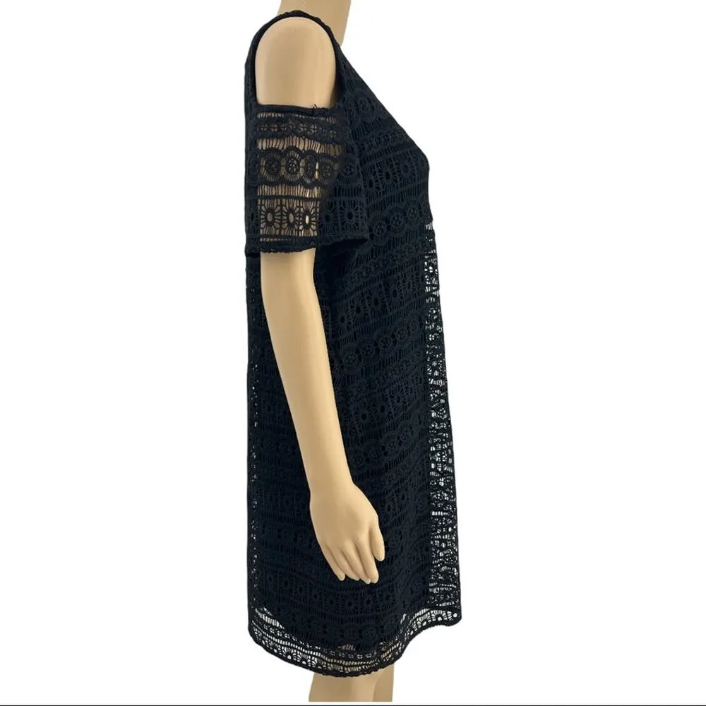Design History  LARGE Black Eyelet Lace Cold Shoulder Shift Midi Dress - Image 3