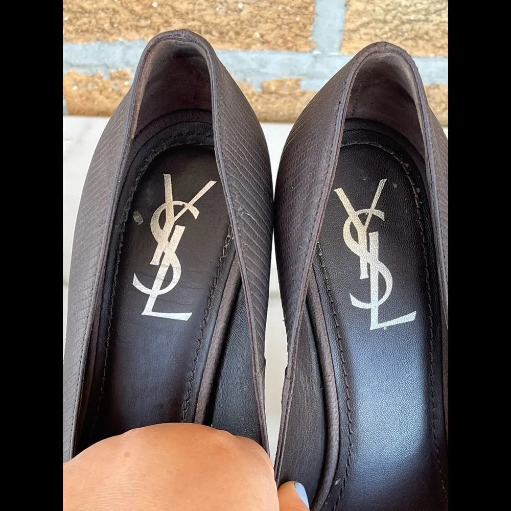 Saint Laurent Brown Ysl Aliama Lizard Embossed Suede Heels Pumps Size 39… Brown - Image 3