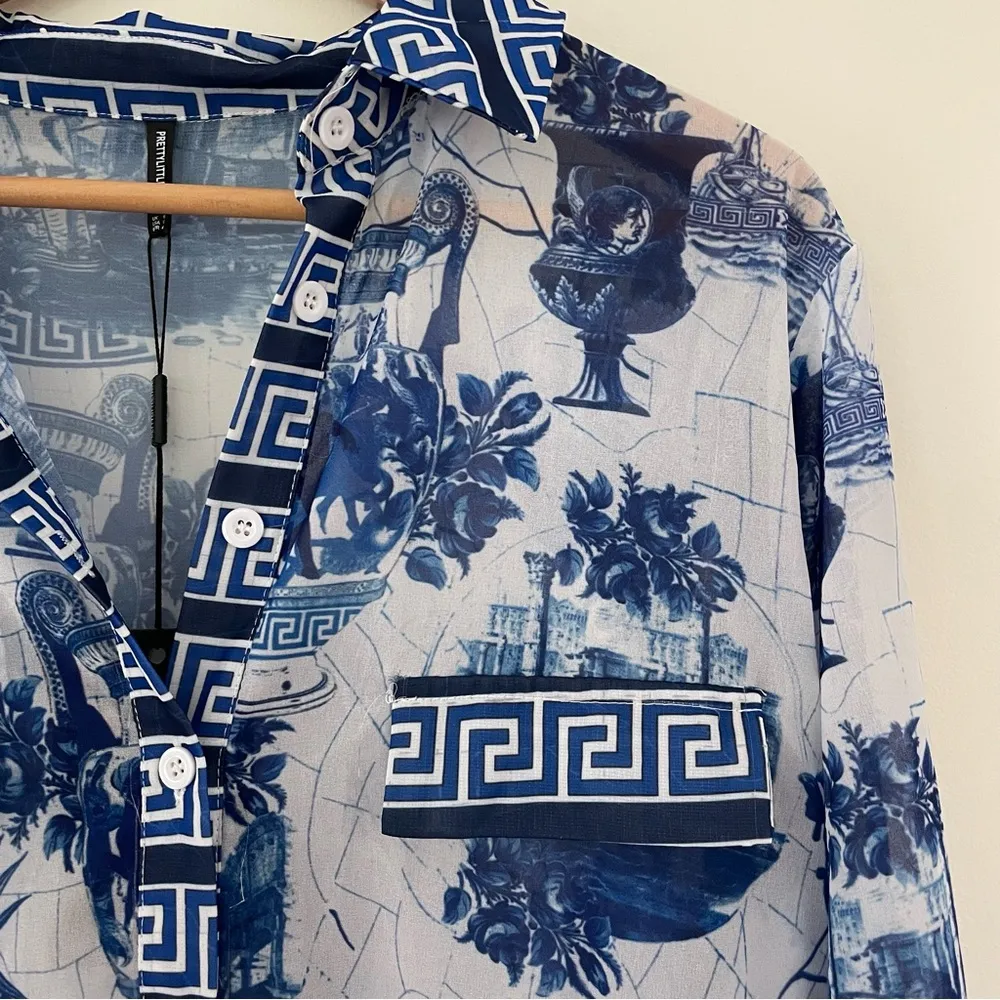 PrettyLittleThing NWT Blue Contrast Oversized Beach Shirt Size 12 - Image 6