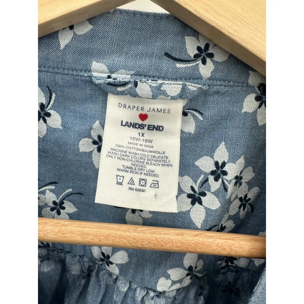 Draper James x Lands' End Women Denim Floral Long Sleeve Tunic Dress Cotton 1X Blue - Image 6