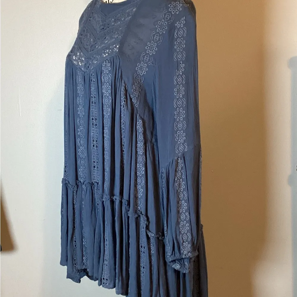 FREE PEOPLE KISS KISS EMBROIDERED BOHO Lace Tunic/Dress DENIM BLUE SIZE S/P - Image 6