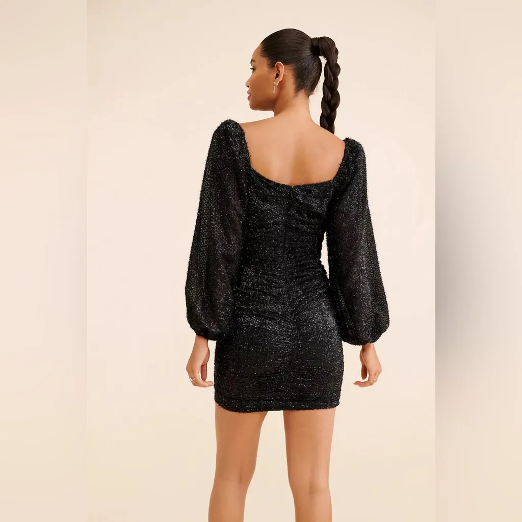 ASTR‎  Black Low Cut Long Sleeve Mini Dress Fringe Shiny Metallic Ruched Small - Image 5