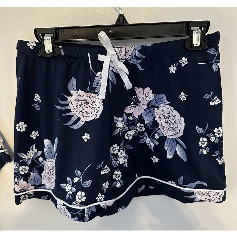 LJONES NEW YORK Navy Blue Floral Print Pajamas Shirt/Short Set Size Medium - Image 4