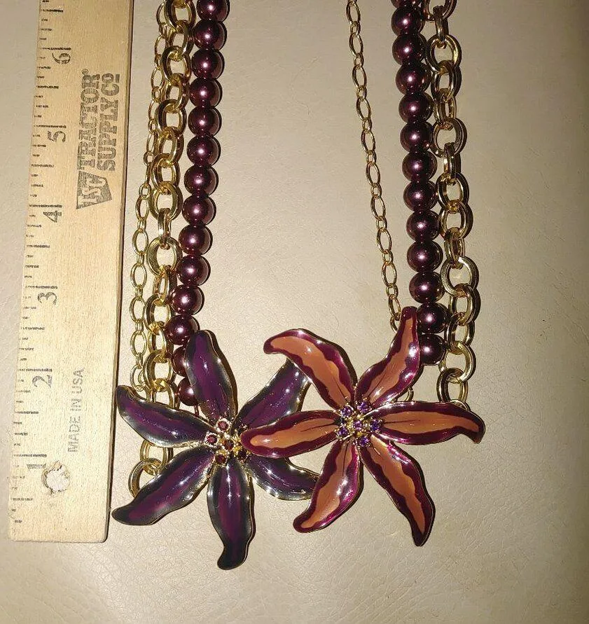 Orchid Necklace Large 3 Strand Vintage Purple Beaded Gold Chain Enamel Flower - Image 7