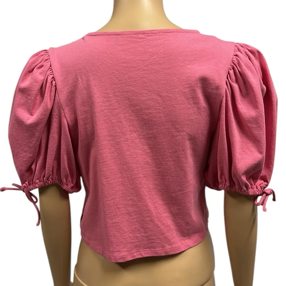 Free People Pink Kitty Tee Cropped Puff Short Sleeve Tie Front Top Womens Small - Image 4