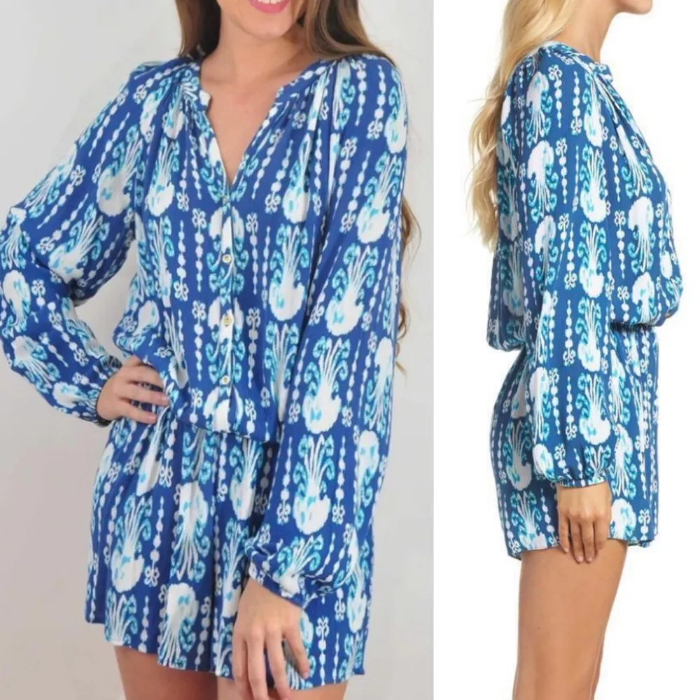 Lilly Pulitzer Elsa Romper: Indigo/Get In Line Jellyfish Blue White - Image 5