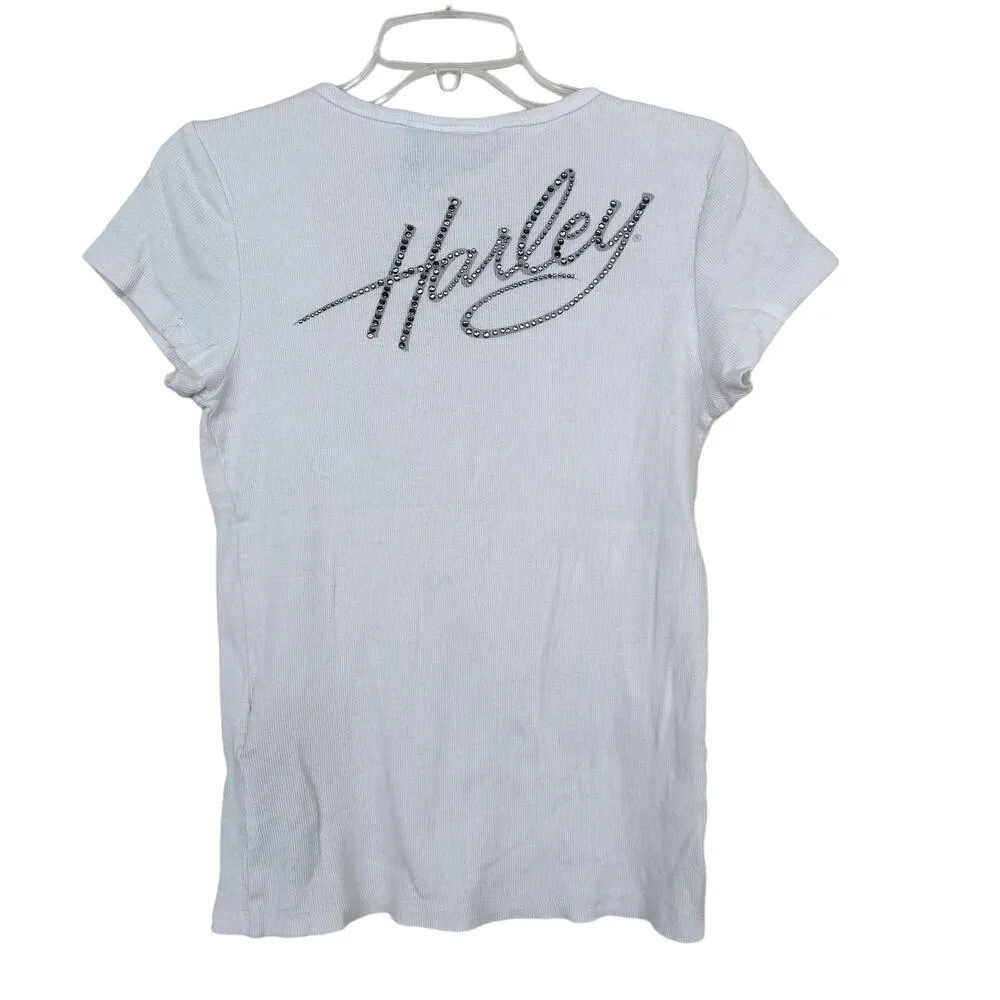 Harley Davidson White Ribbed Henley T Shirt Sz L Size L - Image 5