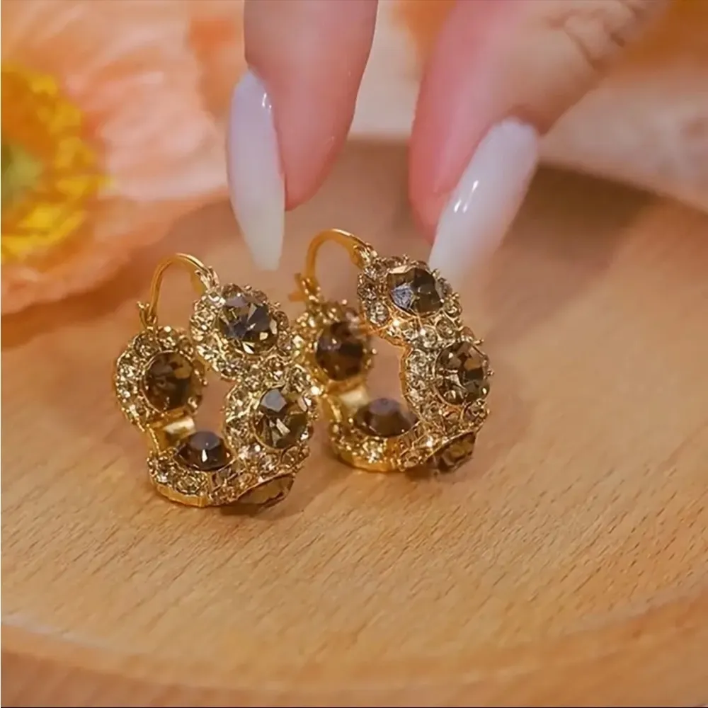 18K Gold Simulated Diamond Mahogany Hoops Sparkling Huggie Earrings NWT Brown - Image 2