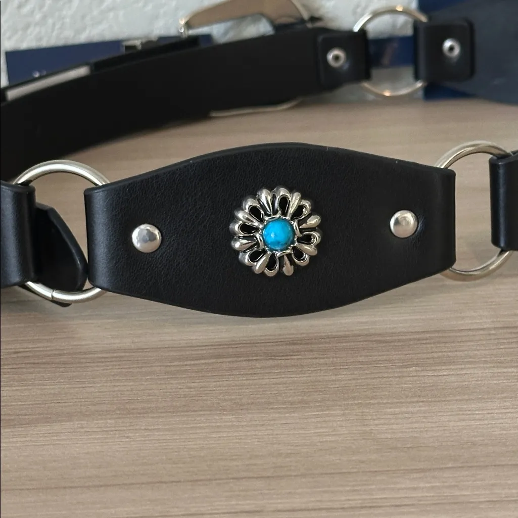 White Mountain Black Belt with Turquoise pearls and silver accents and buckle - Image 4
