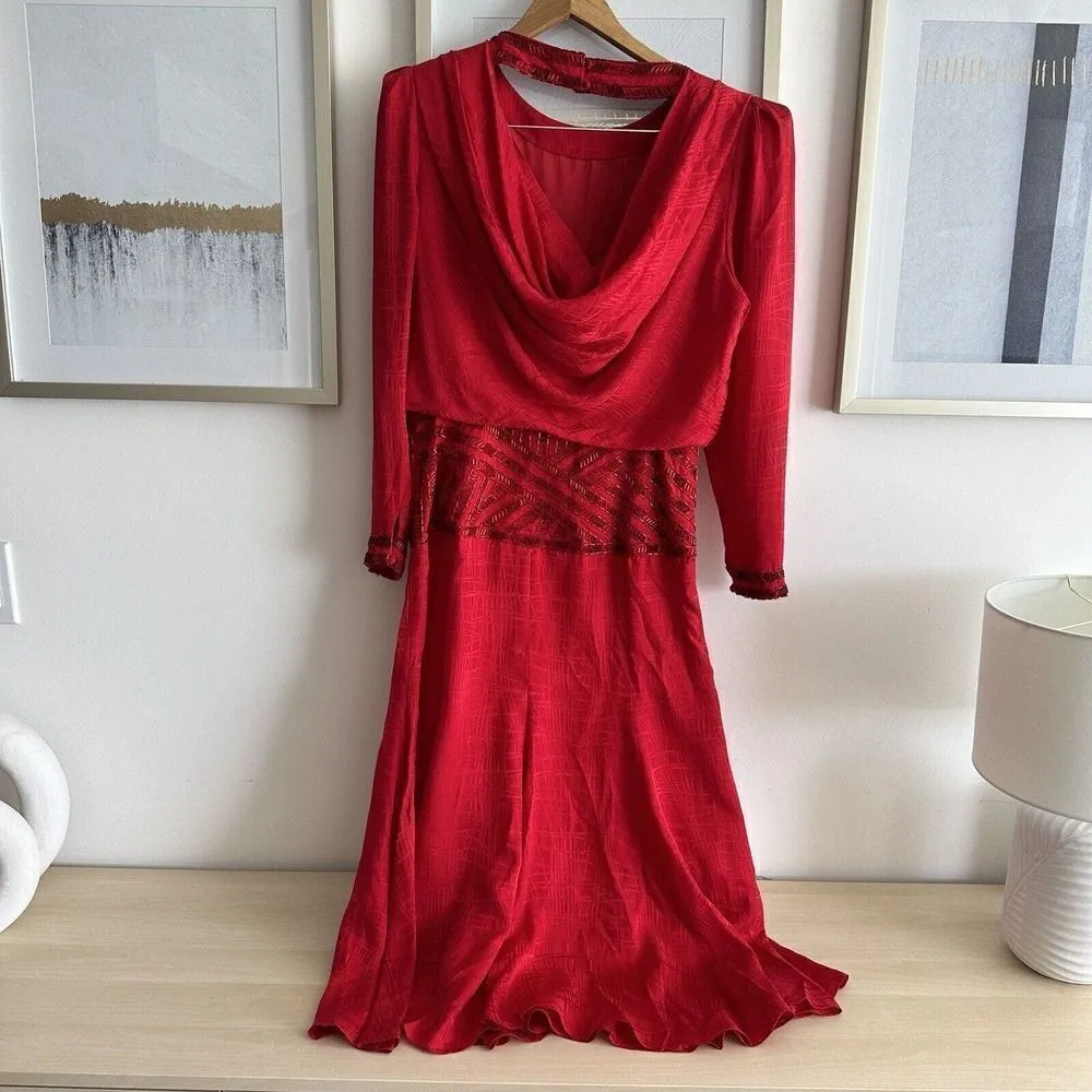 Vintage Silk Dress Womens 10 Dore Beaded Midi Red Cocktail Evening Embellished Red - Image 7