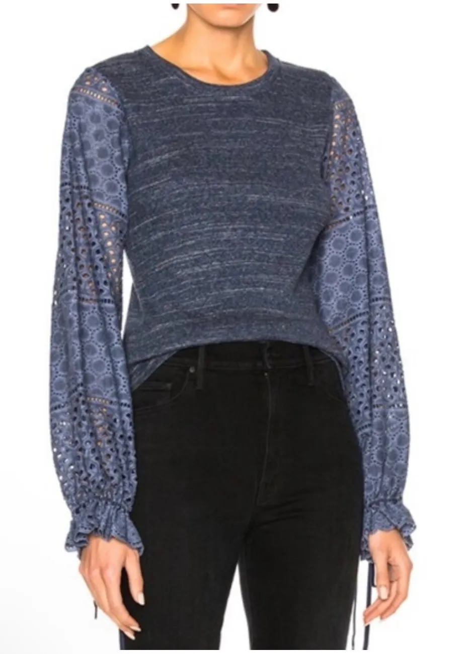 SEE BY CHLOE Eyelet Balloon Sleeve Shirt XS Indigo Blue Bohemian Tie Cuff Boho - Image 1