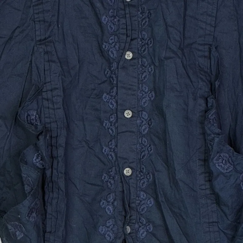 J. Crew Ruffled Neck Floral Embroidered Detail Sleeveless Blouse L Navy Blue - Image 9