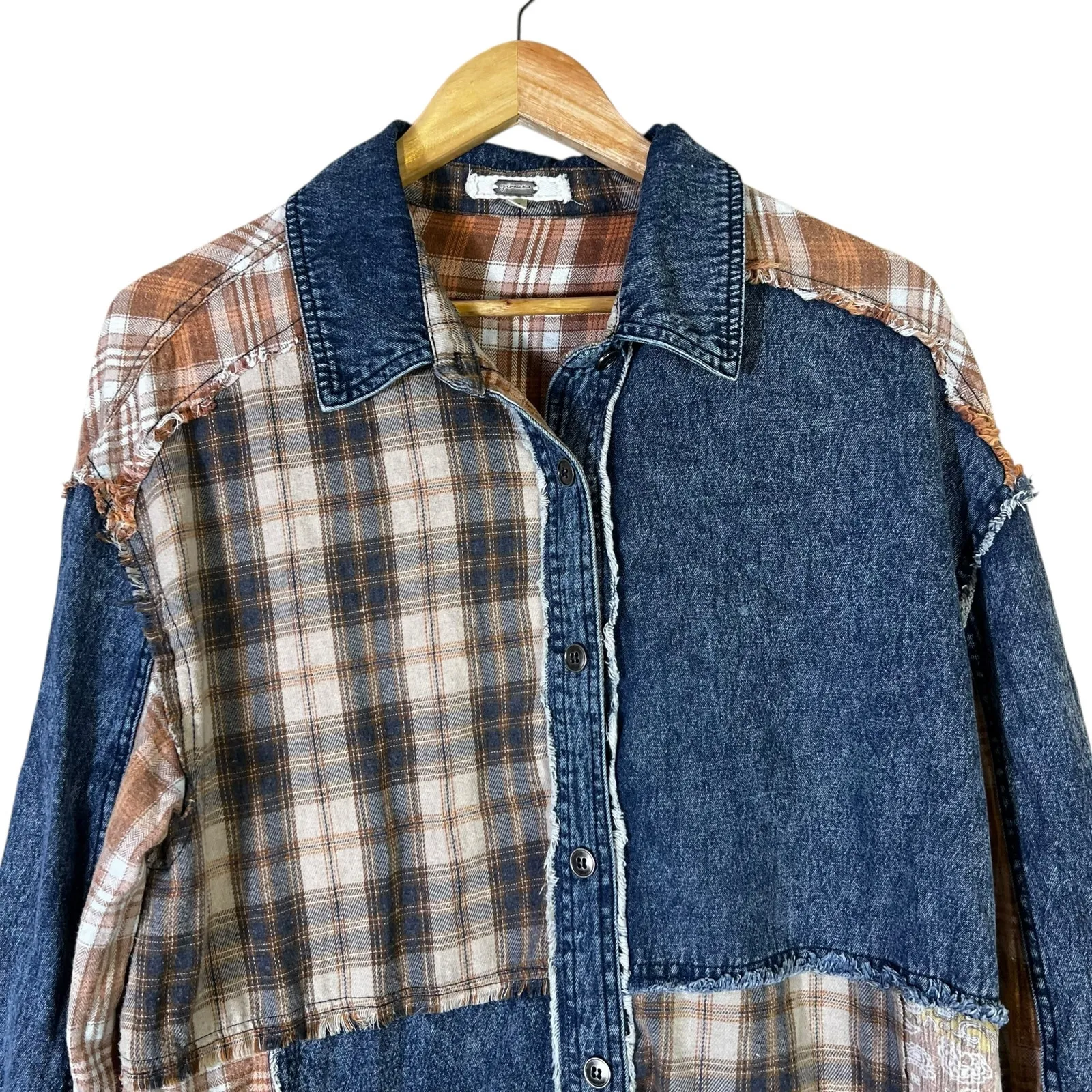 Gimmicks Patchwork Denim Plaid Oversized Shacket Womens XL Brown Coastal Cowgirl - Image 3