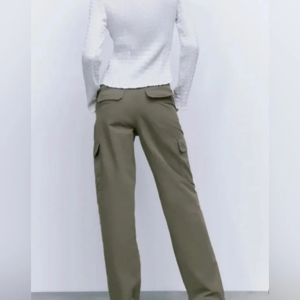 Zara Cargo Pants High Rise Straight Leg Army Green Pockets Silver Relaxed fit 2 - Image 8