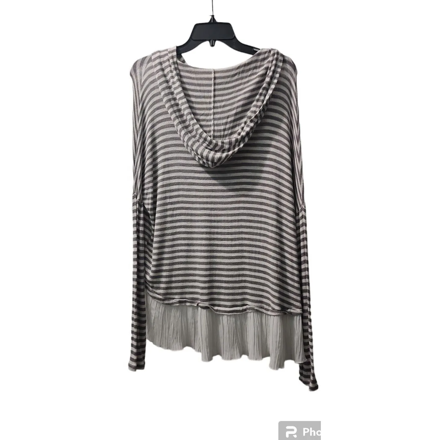 Hollister Striped Hooded Top Ruffle‎ Hem Long Sleeve Casual Gray Size M - Image 2