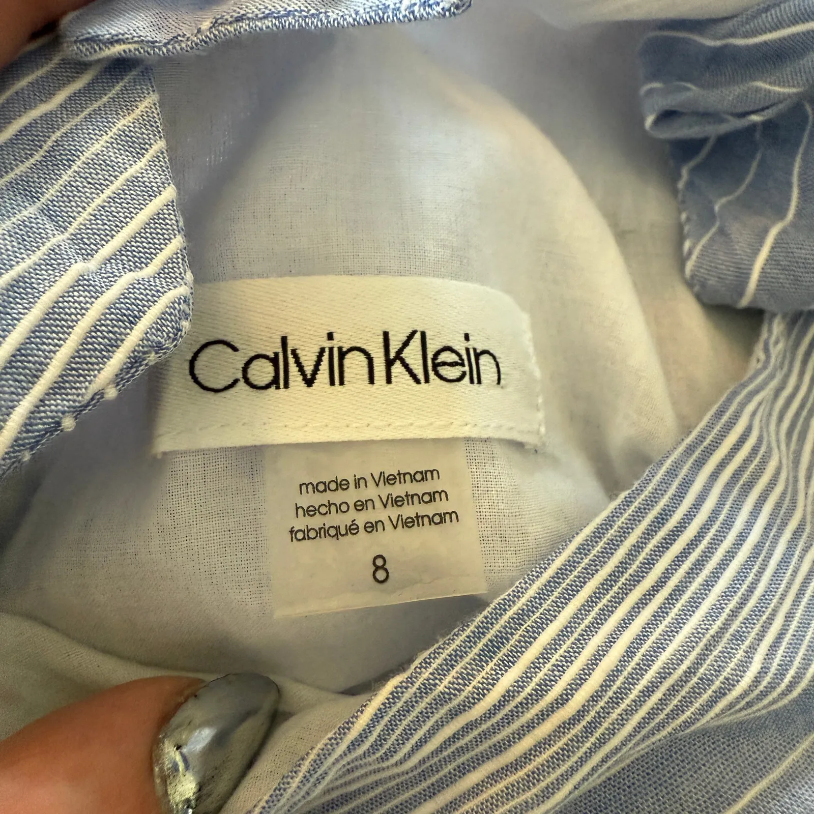 CALVIN KLEIN | Blue and White Cotton Striped Tiered Mock Neck Tie Back Dress | 8 - Image 5