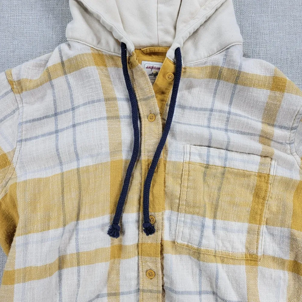 American Eagle Womens Flannel Shirt Size S Yellow White Plaid Button Down Hoodie - Image 10