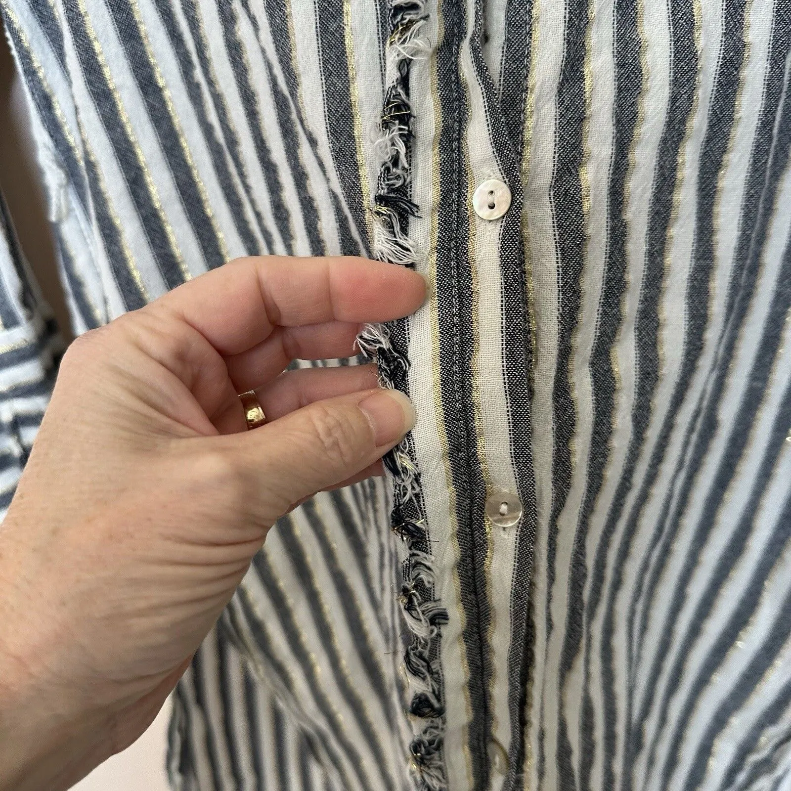 Zara Top Women’s XS Tunic White Blue Gold Stripe Button Down Long Sleeve - Image 6