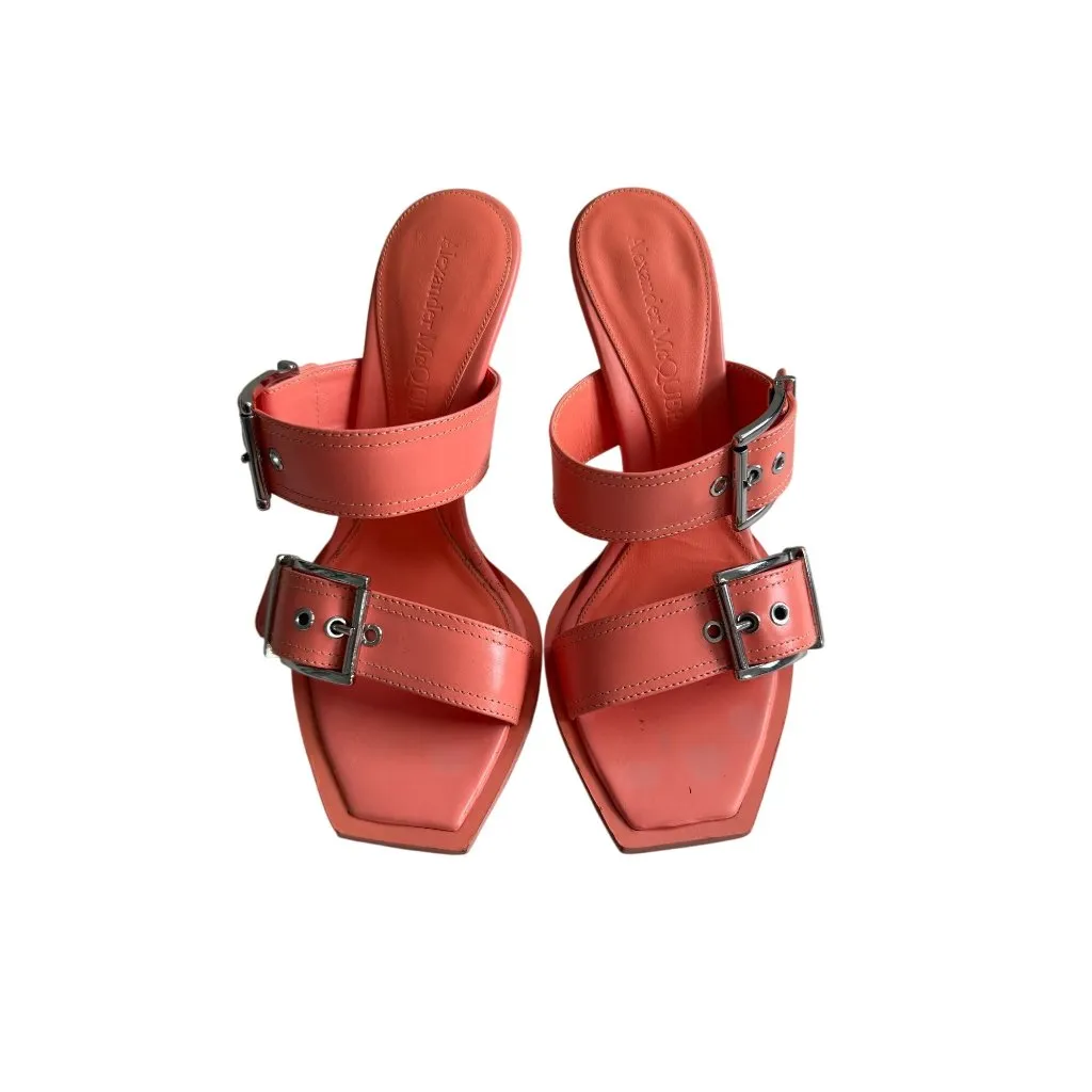 ALEXANDER MCQUEEN Boxcar 100mm Salmon Pink Si Leather Buckle Sandals Heels Size - Image 10