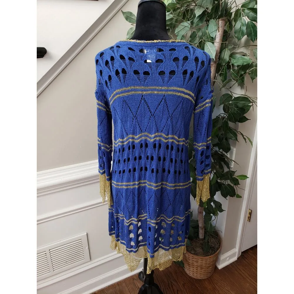 Step in Style Tunic Top Womens Large Blue Crochet Long Sleeve Fringe Hem V Neck - Image 4