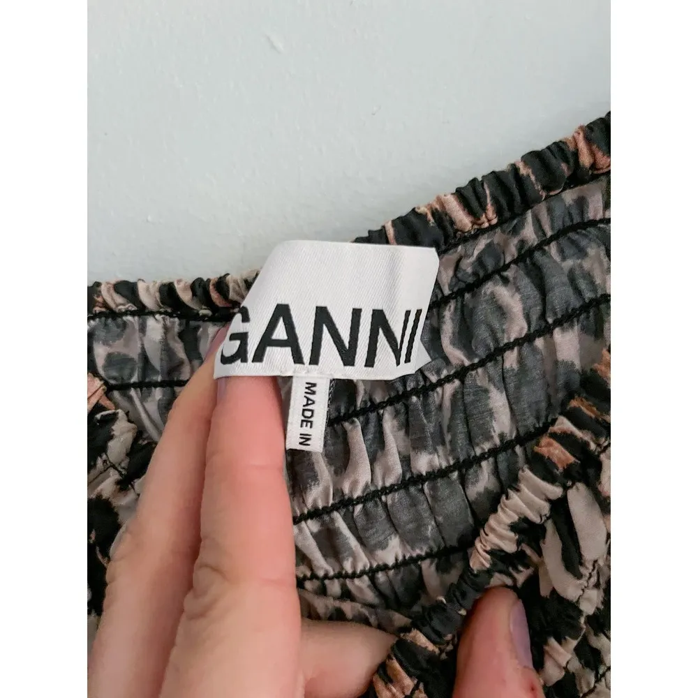 Ganni | Smocked Leopard Print Puff Sleeve Silk Blend Dress |  EU 34 / US 4 - Image 9