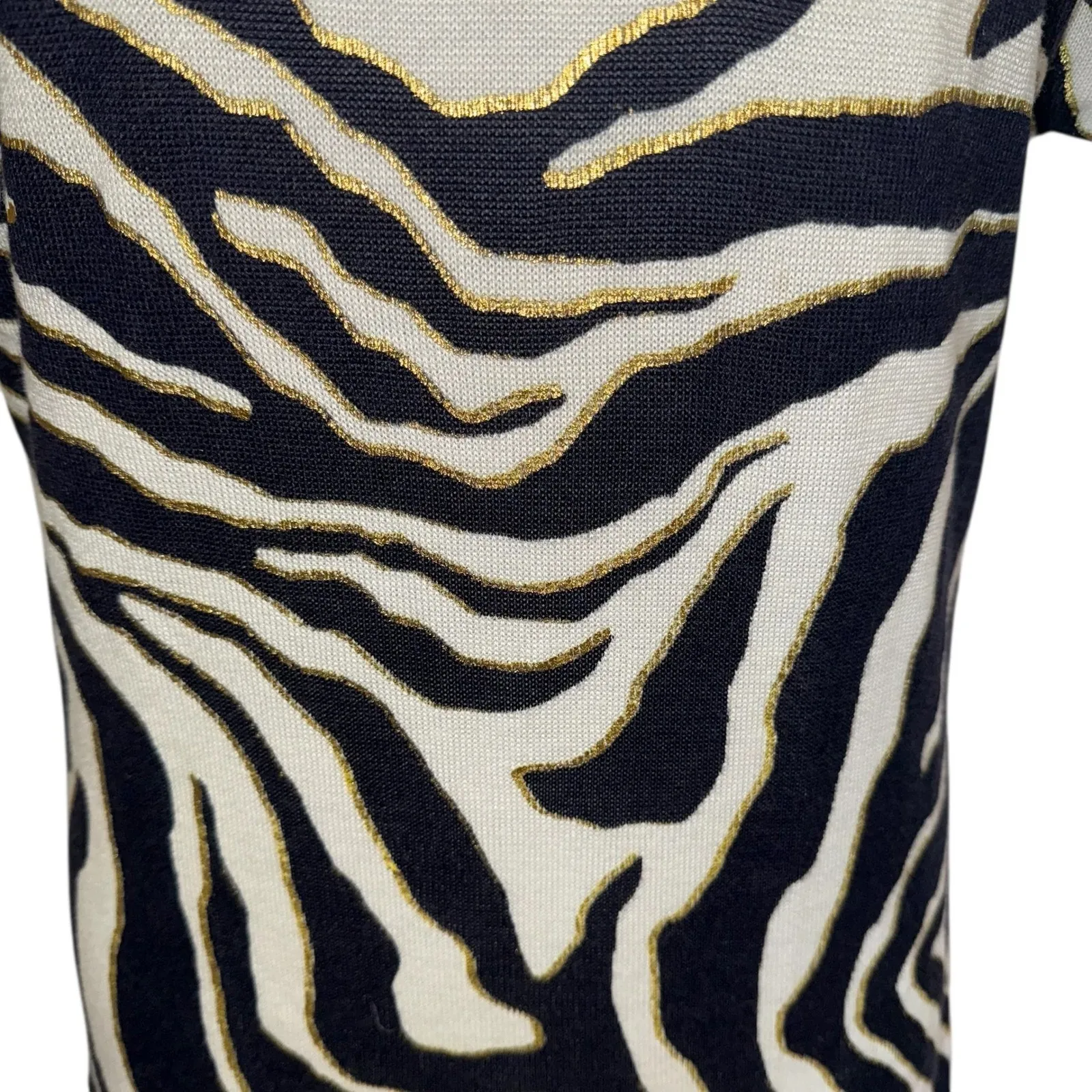 CACHE Zebra Print W/Gold Knit Short Flutter Sleeve Lightweight Sweater EUC Small Black - Image 4