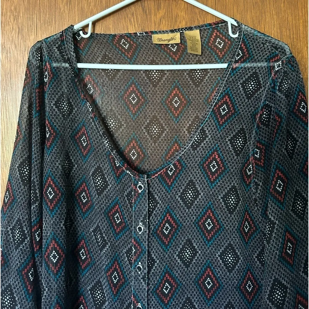 Wrangler super oversized sheer colorful pattern button down blouse size s - Image 6