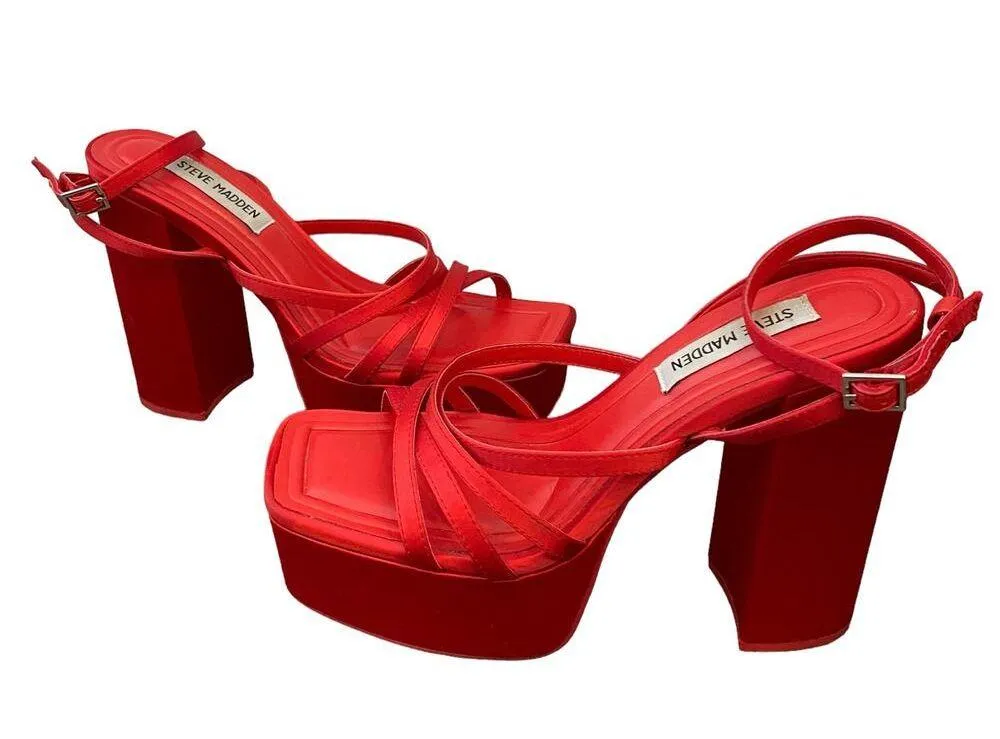 Steve Madden Gutsy Platform Pump Red Satin Block Heel Sandals Y2K Style Size 7 - Image 3