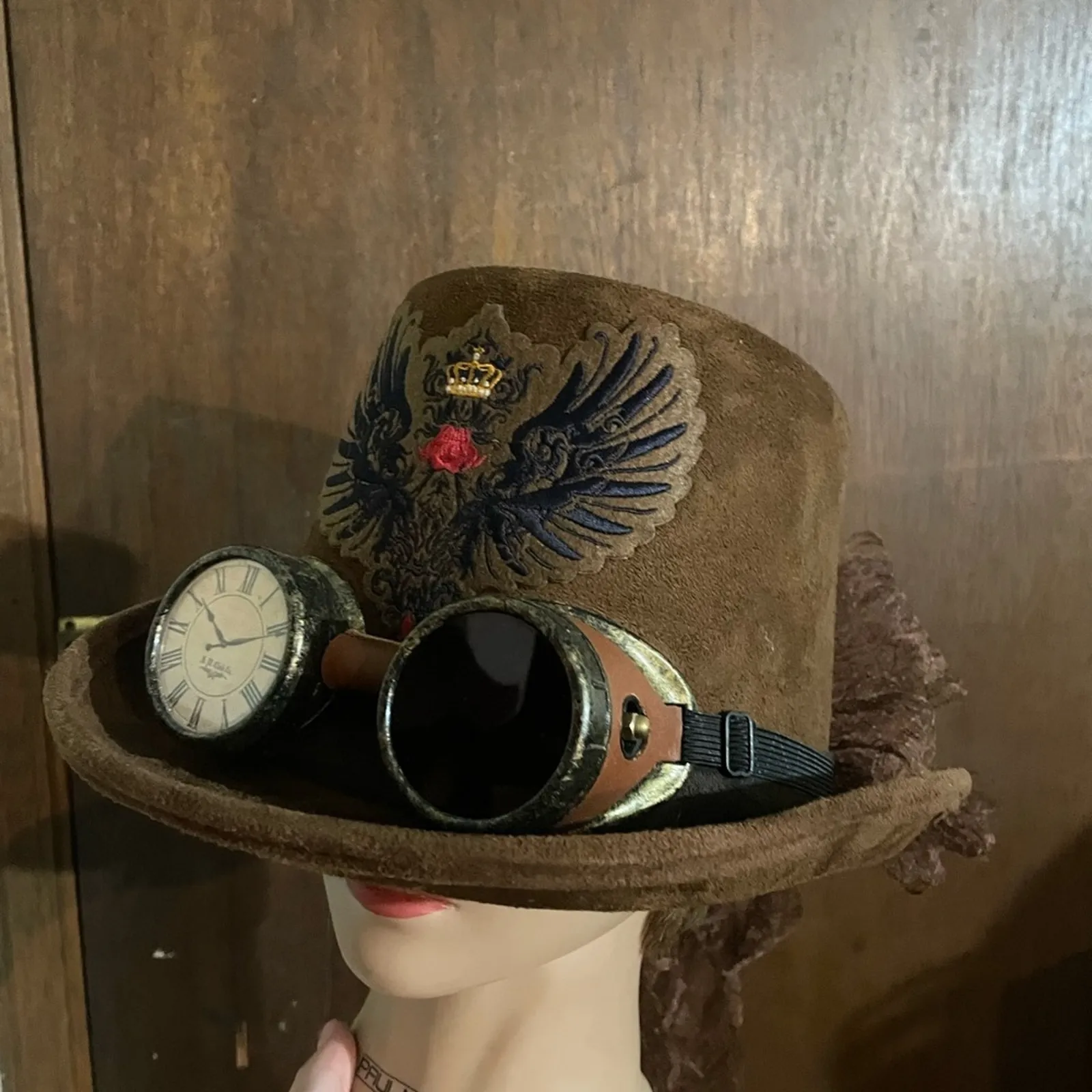 6” steampunk top hat w added metal goggles Brown - Image 2