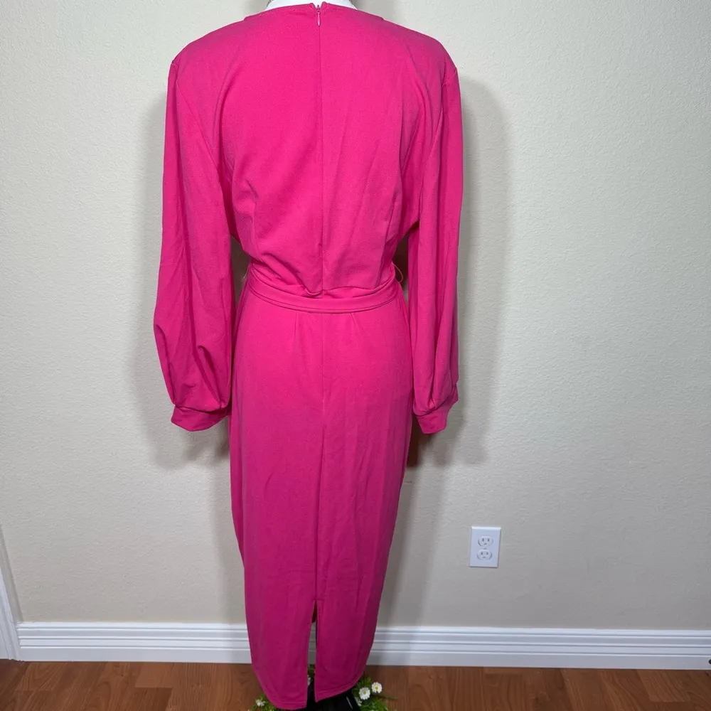 Hot pink v neck wrap tie maxi long sleeve thick back zip dress Size L - Image 2