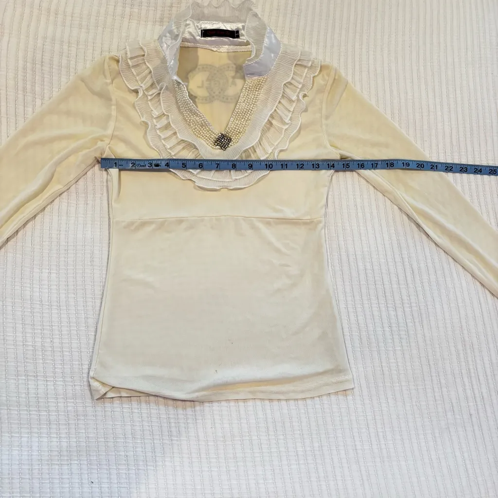Euro Qian Wan Zi CC Angel Cream Micro Mesh Pearl Gems & Ruffle Long Sleeve L Size L - Image 12