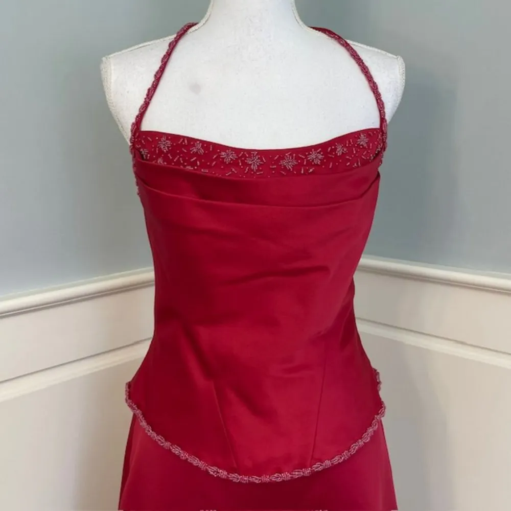Y2K Vintage Formal Prom Princess Lace Up Corset Dress Red Satin Medium - Image 2