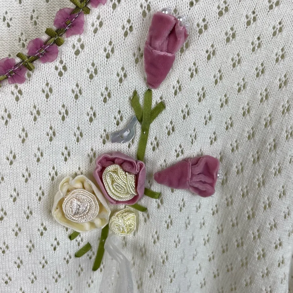 NorthStyle Womens Flower Embellished Cardigan Pointelle Knit Size XL Cottagecore Pink - Image 5