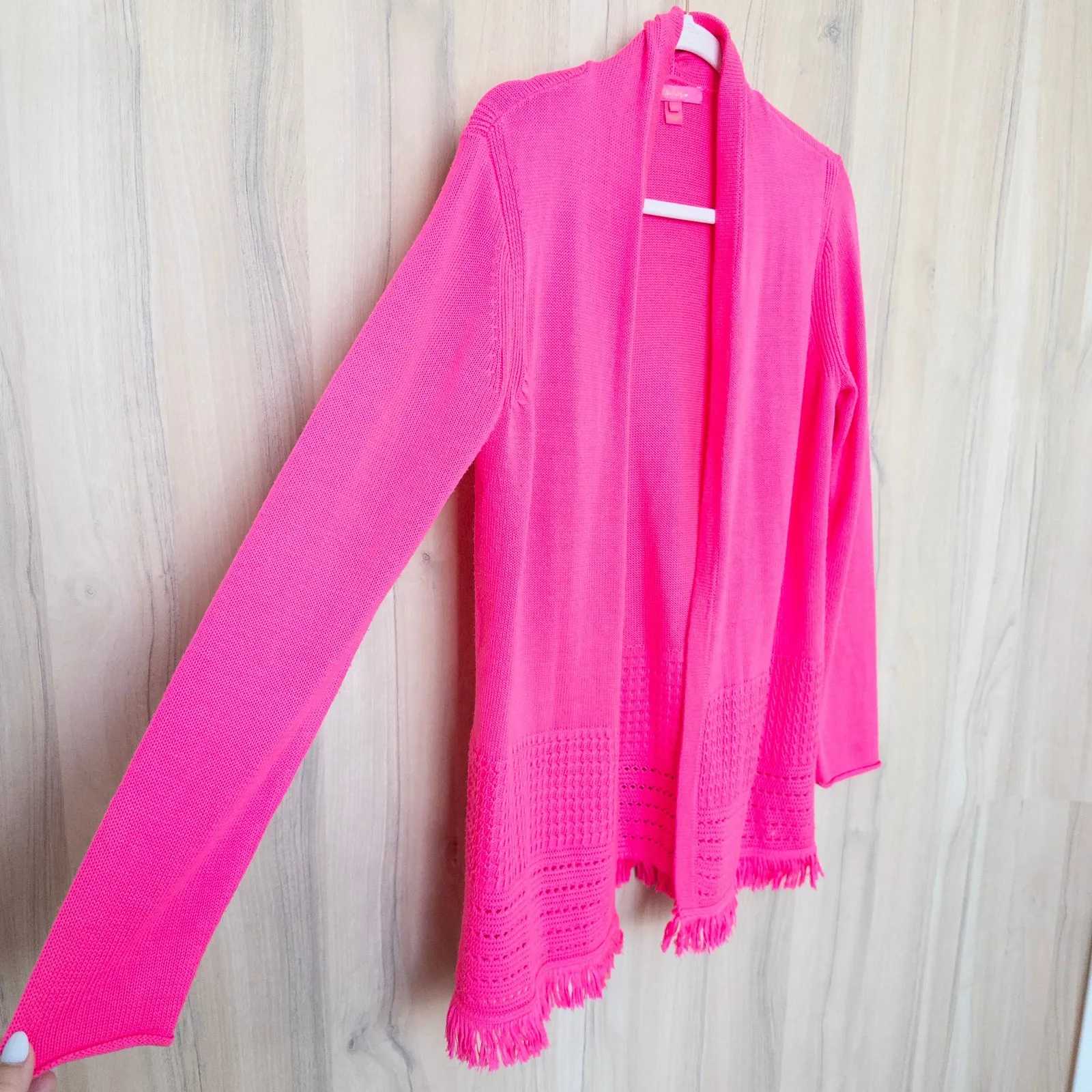 Lilly Pulitzer Womens Noble Cardigan Sz L Bright Pink Open Front Fringe Resort - Image 5