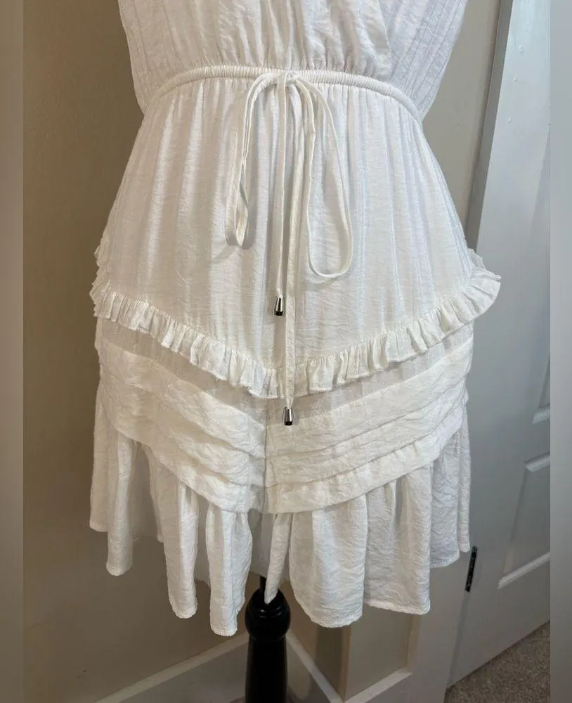 SAINTS & SECRETS Ruffled Tie Back Waist Cinch Plunging Mini Dress ~White Sz M White Size M - Image 4