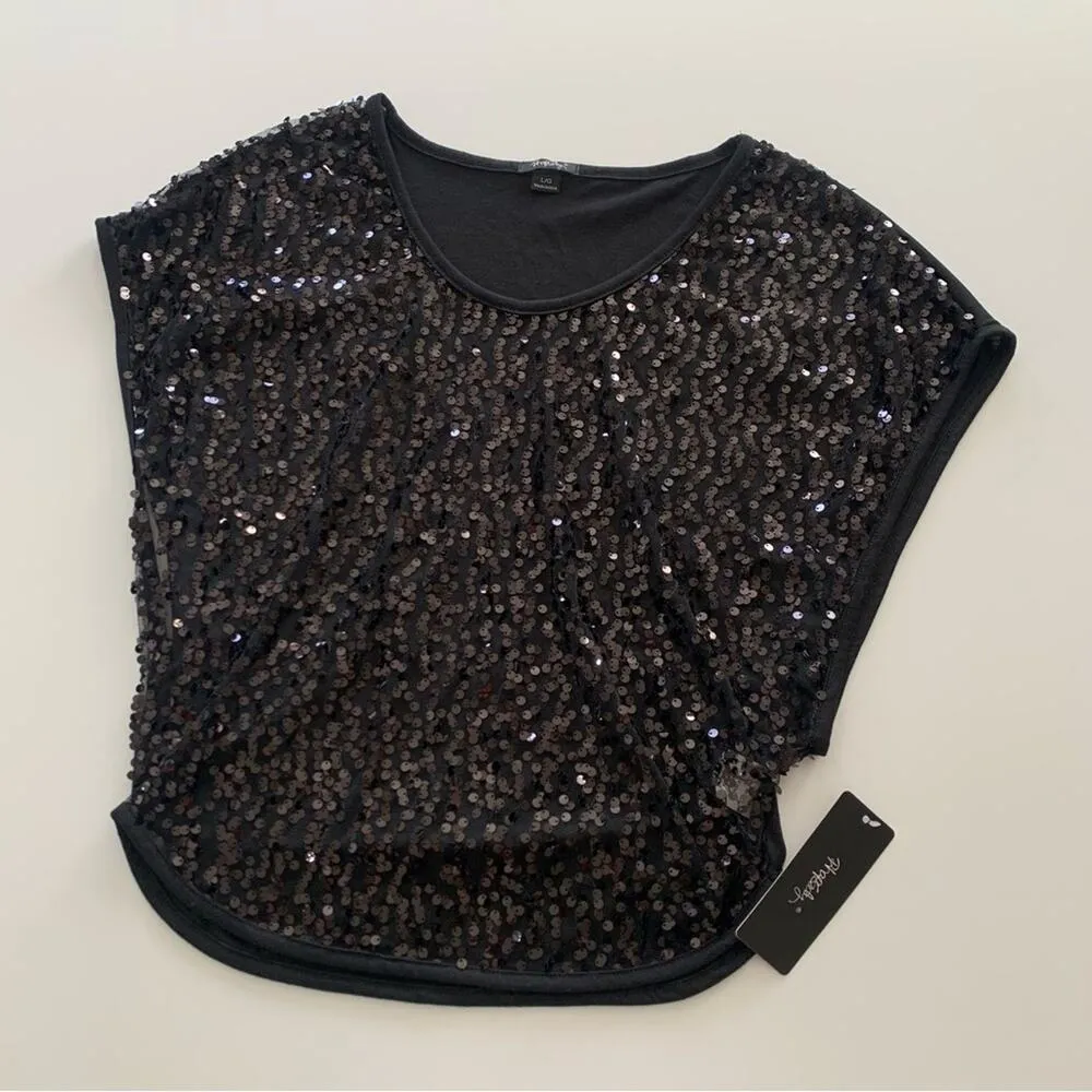 Rhapsody Sheer Black Sequin Short Cap Sleeve Blouse Shirt Large - Image 7