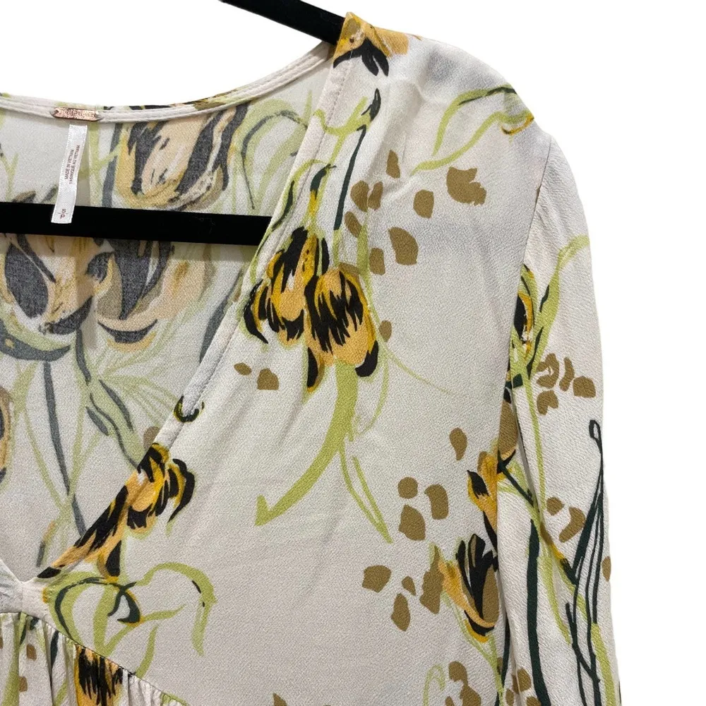 Free People White & Yellow Floral Long Sleeve Boho Baby Doll Dress - Image 4