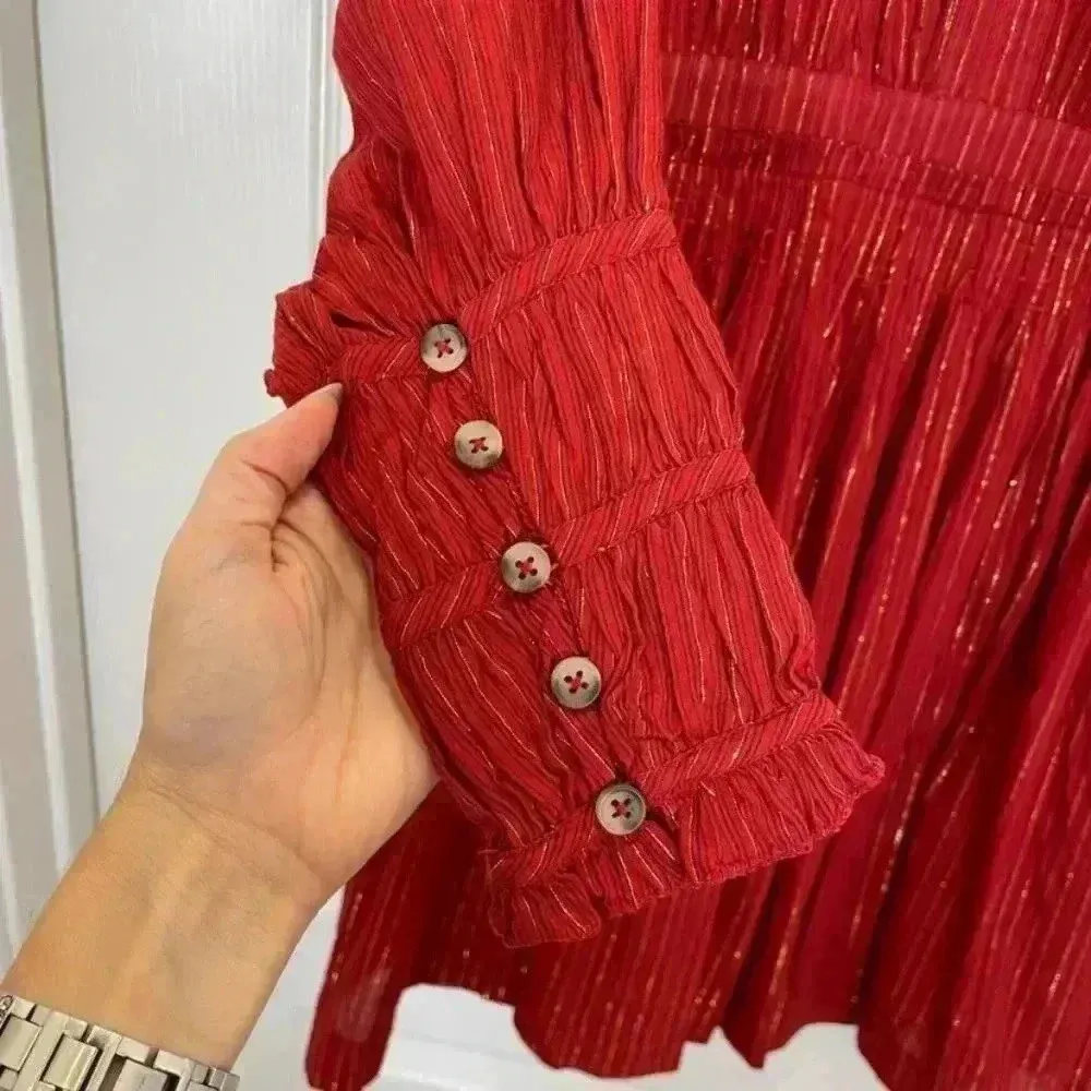 NWOT ULLA JOHNSON Metallic Cotton Long Sleeve Red Ruby Rory Dress Pockets Size 6 - Image 14