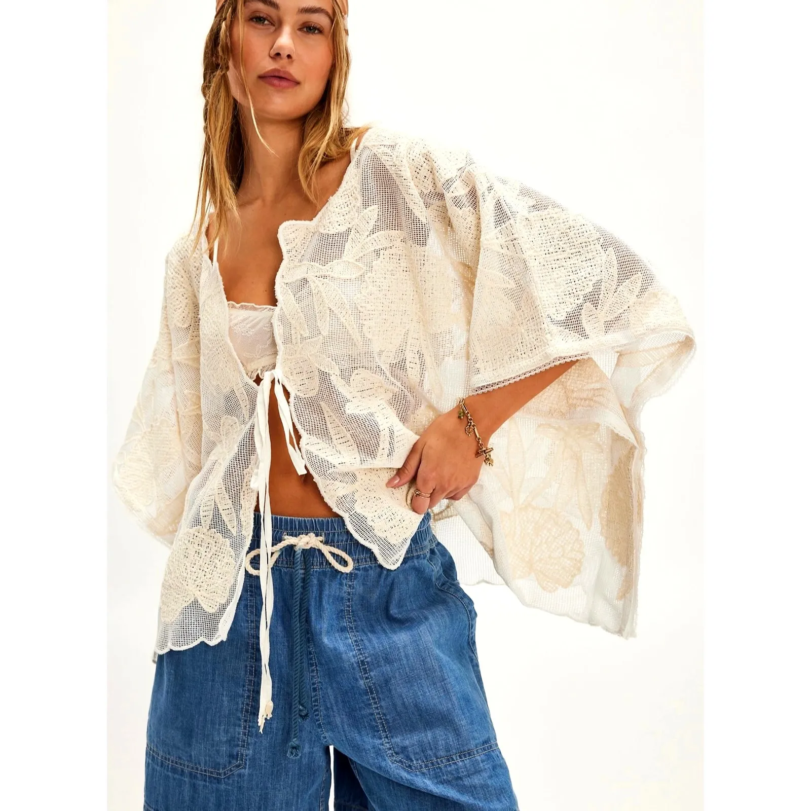 Free People Willow Front Tie Cape Ivory One Size - Image 4