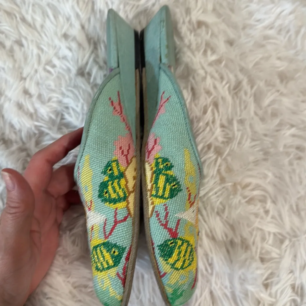 Vintage elizabeth turner embroidered tropical print mules size 7 Green - Image 2