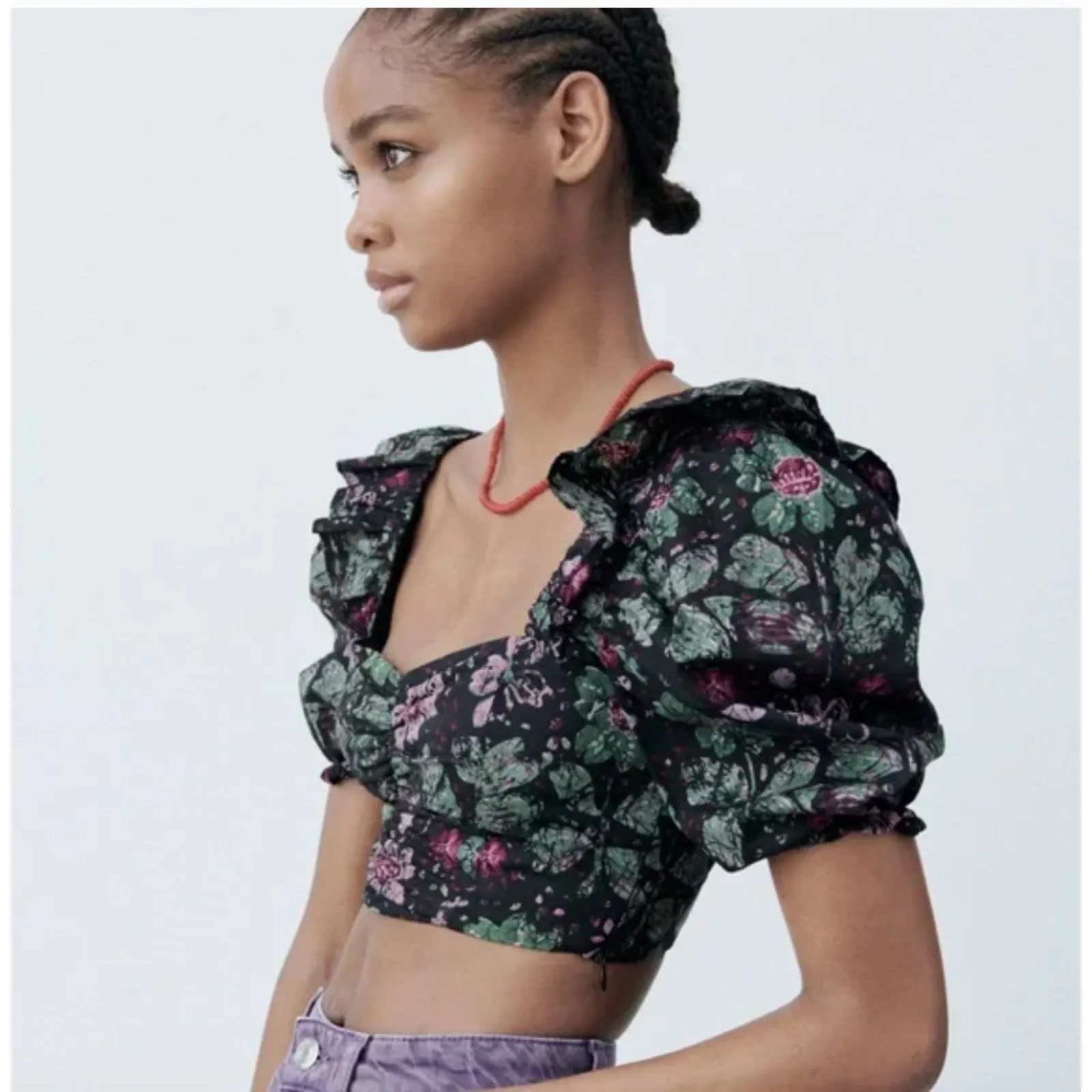 Zara Black Floral Crop Top Size XS - Image 2