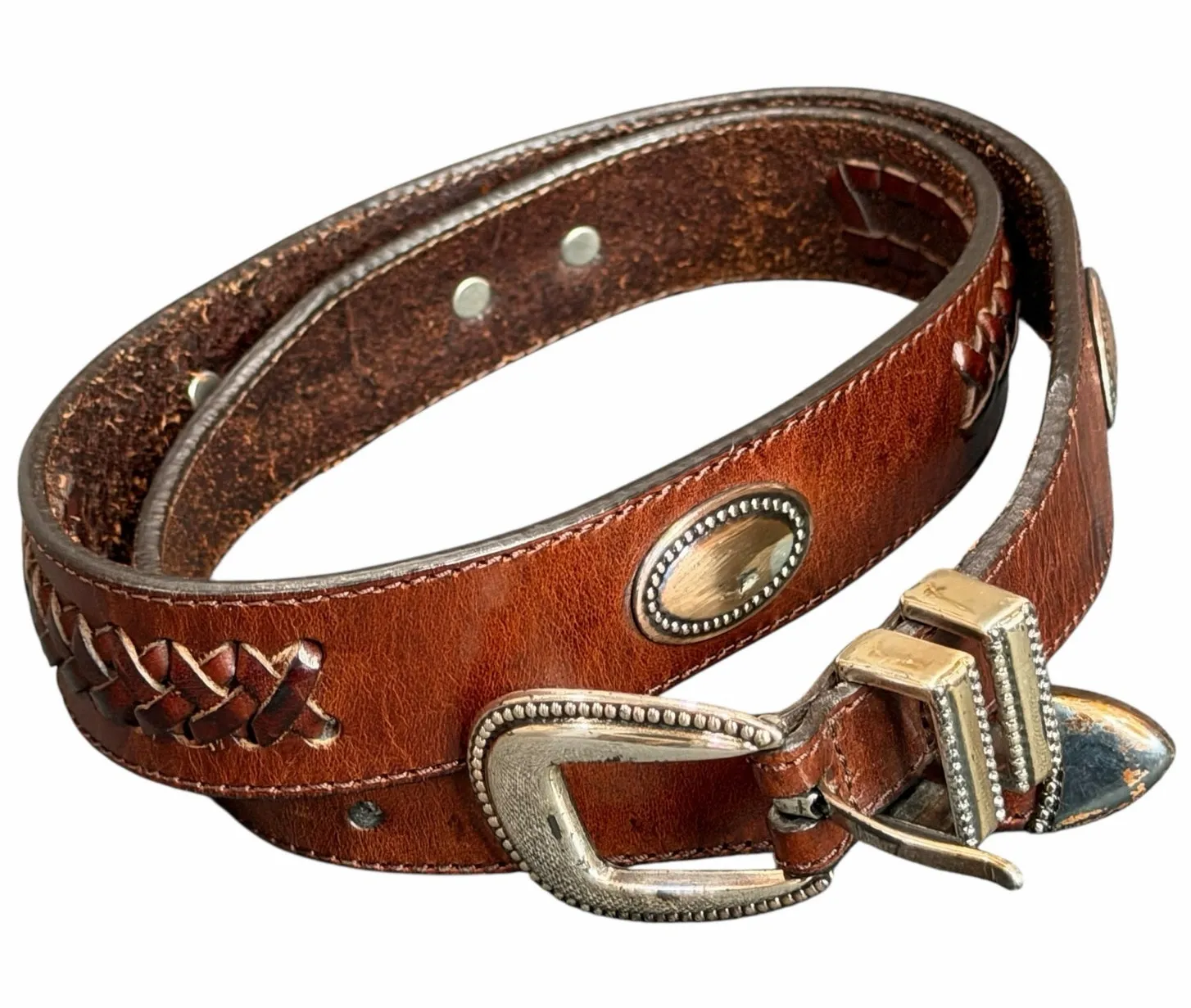 Vintage Latigo Leather Belt 34 Brown Antique Silver Concho Patina Braid Western - Image 1