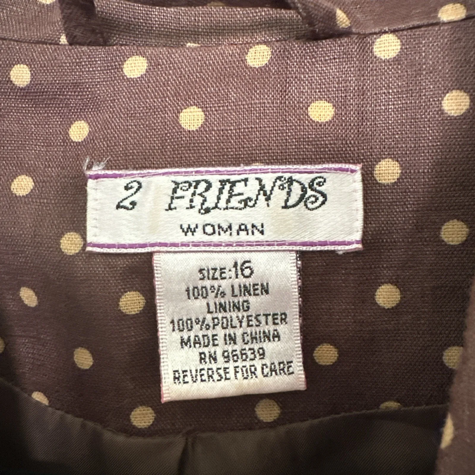 2 FRIENDS Brown Polka Dot Blazer Size 16 100%Linen - Image 2