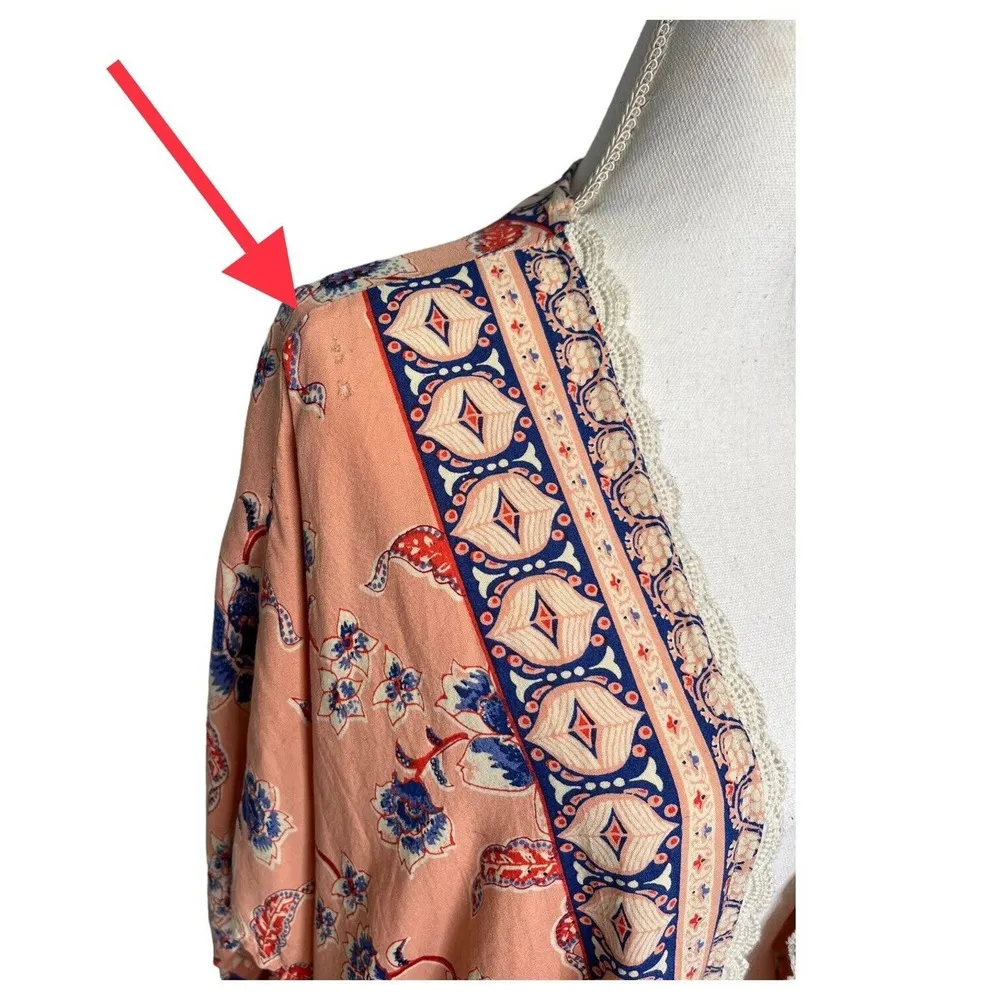 Angie Kimono Womens M Boho Floral Print Open Cardigan Lace Trim Dolman Peach - Image 2