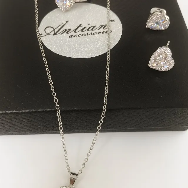 Antian Accessories™ Heart Zirconia Set Necklace Ring Earrings Silver - Image 5