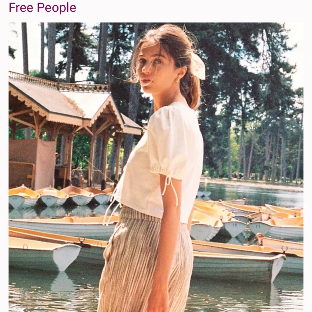 Free People Kitty Tee Ivory Cropped Puff Sleeve Bow Front Cottagecore Top SZ XL! - Image 7