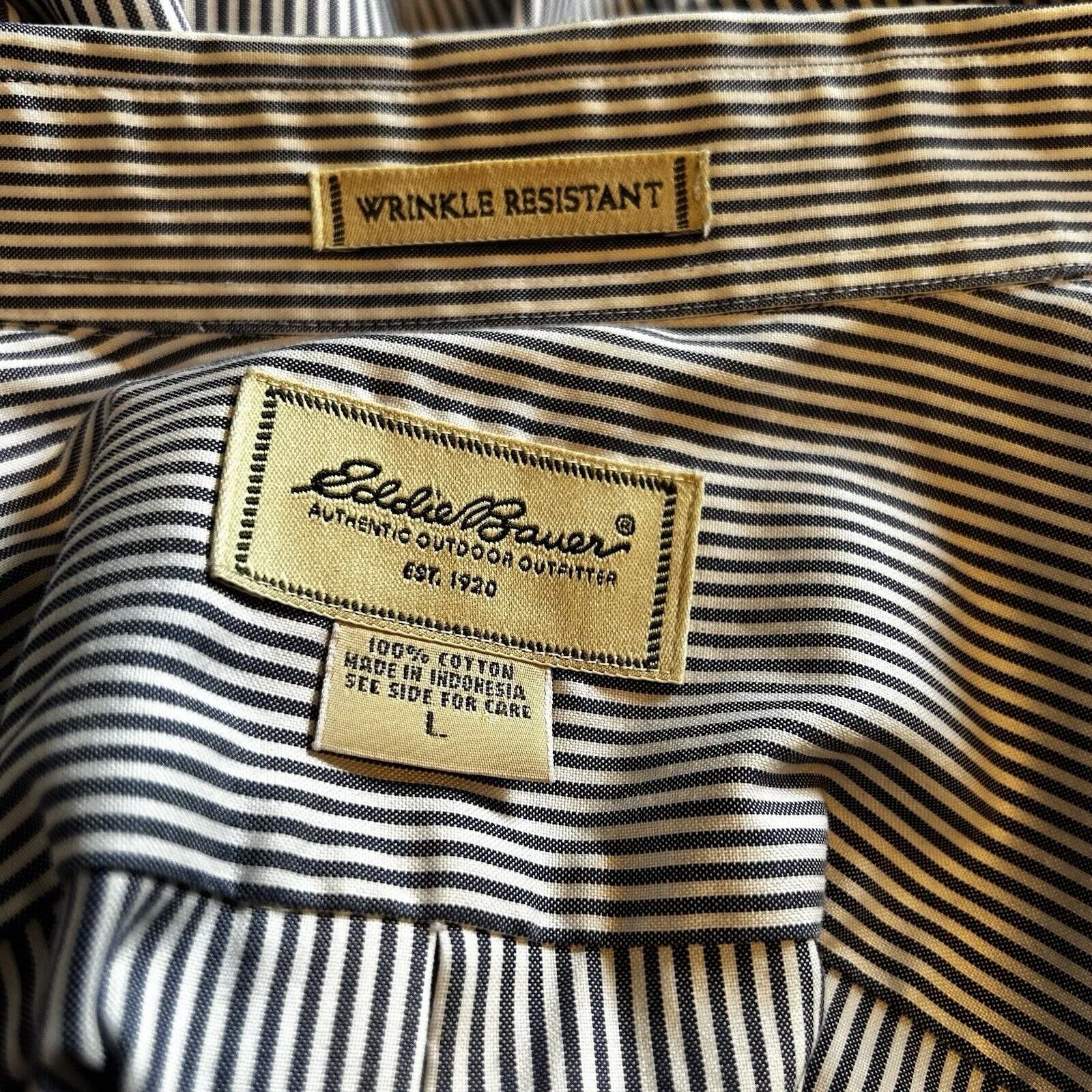 Eddie Bauer Wrinkle Resistant Shirt Blue Stripes Oxford Collar Coton Size Large - Image 6