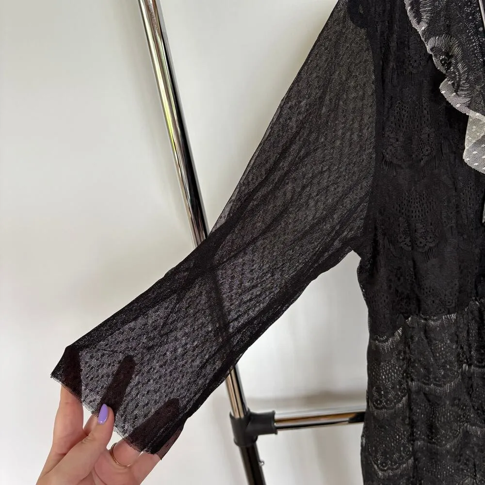 Vtg Y2K Goth Black Lace Ruffle Full Zip Longline Top Pirate Frilly Feminine - Image 3