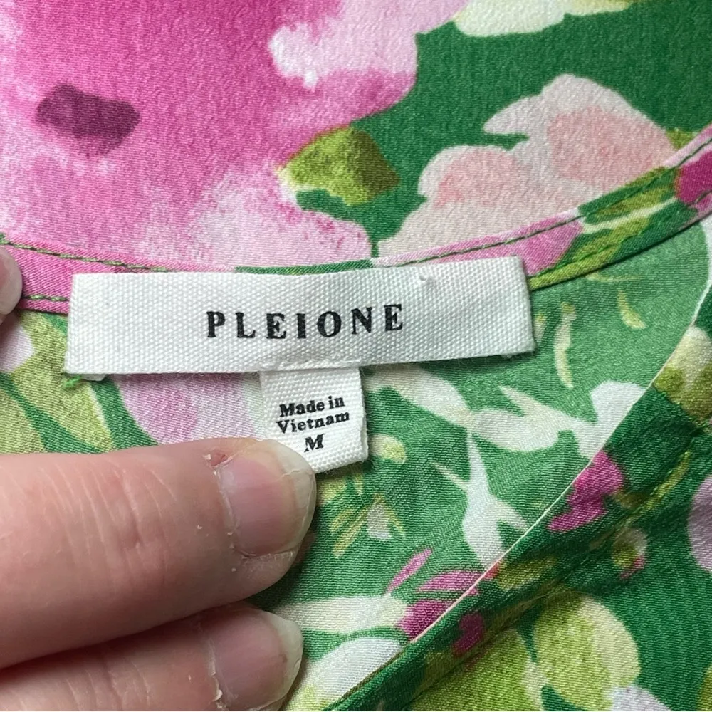 Pleione Green Pink Floral Blouse Ruched Short Sleeves Medium Garden Flower Roses - Image 5