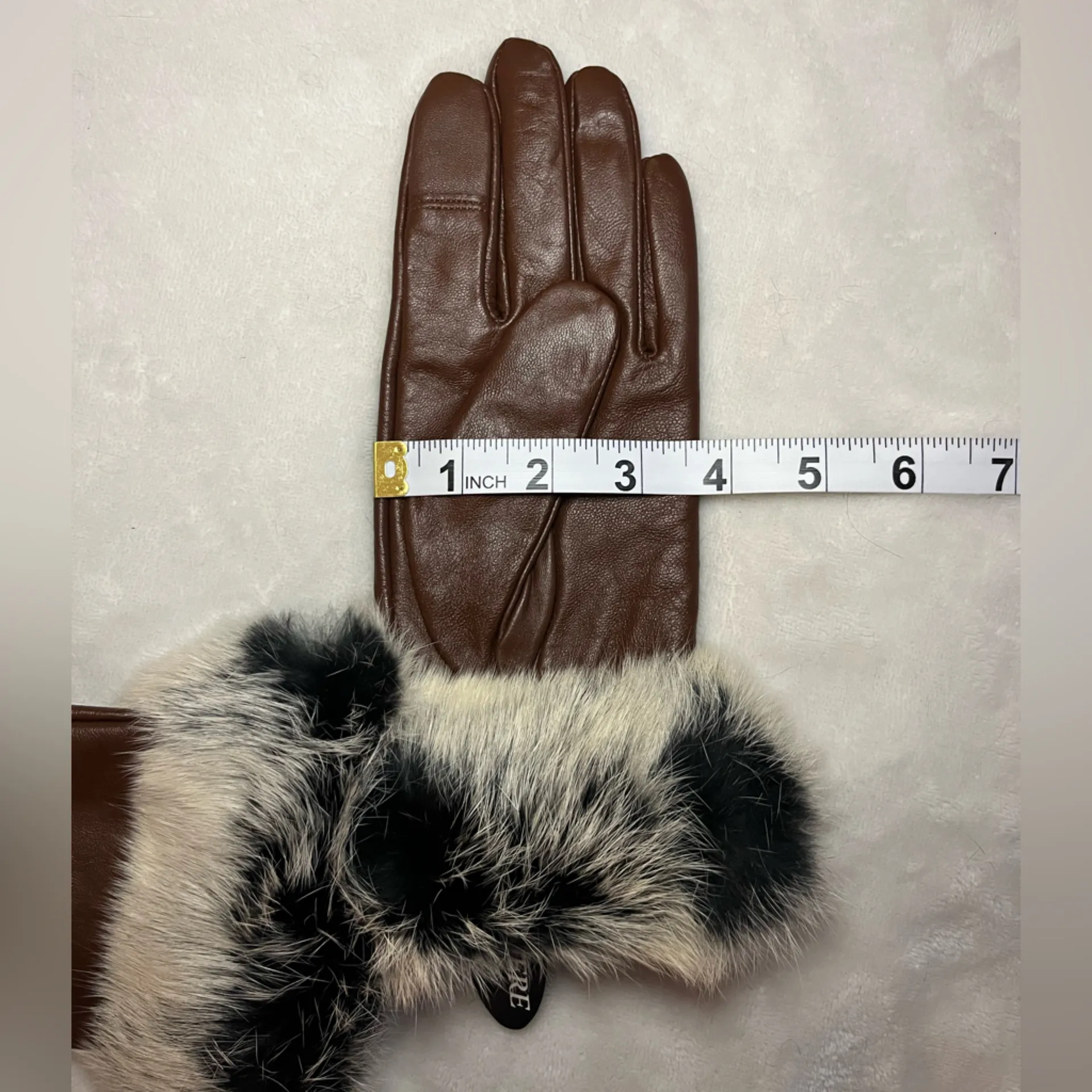 Excelled Brown Lamb Leather Cashmere Lined Gloves with Rabbit Fur Trim Size L - Image 9
